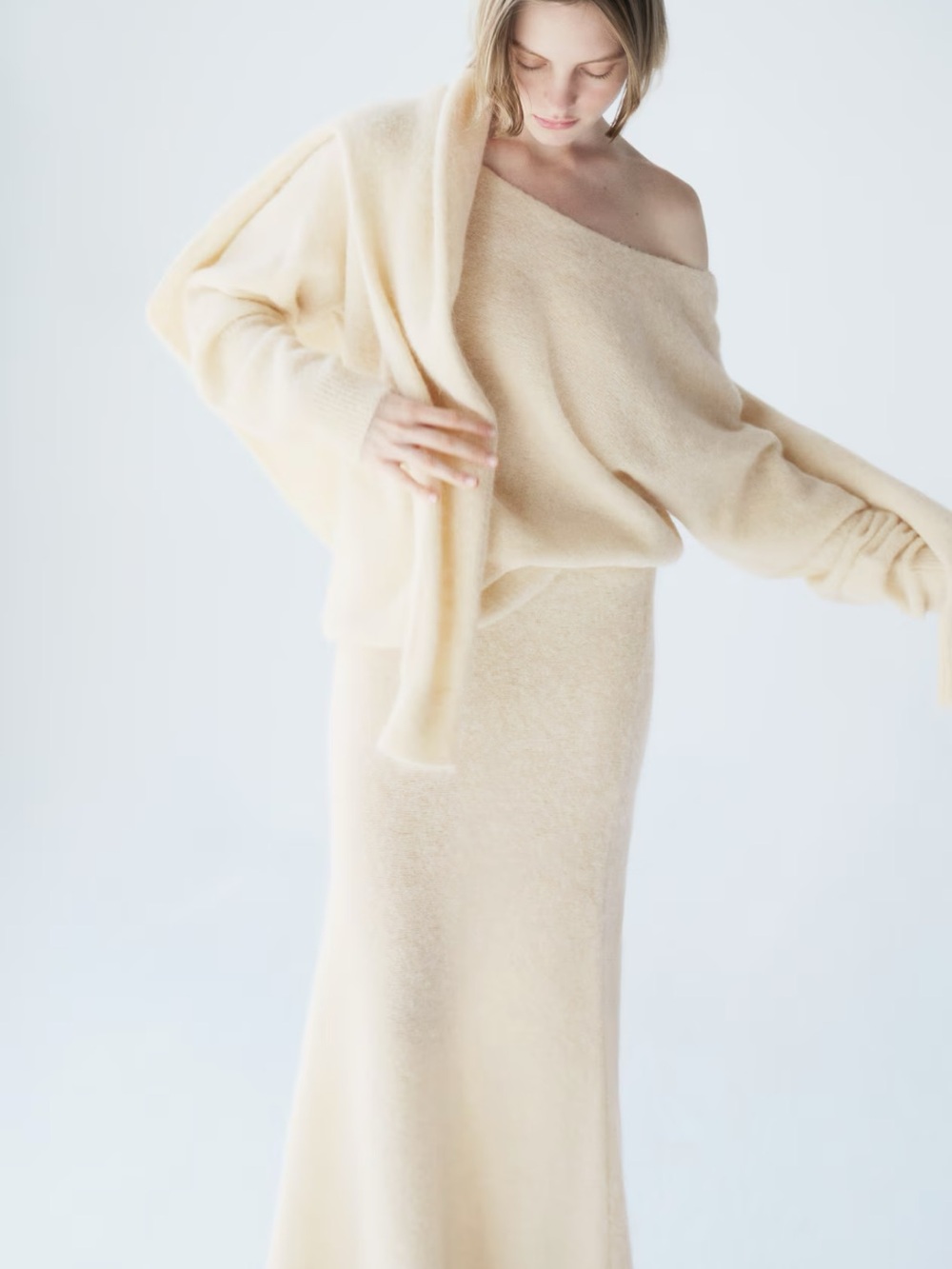 H&M Alpaca Blend Cream Knit A-Line Maxi Skirt